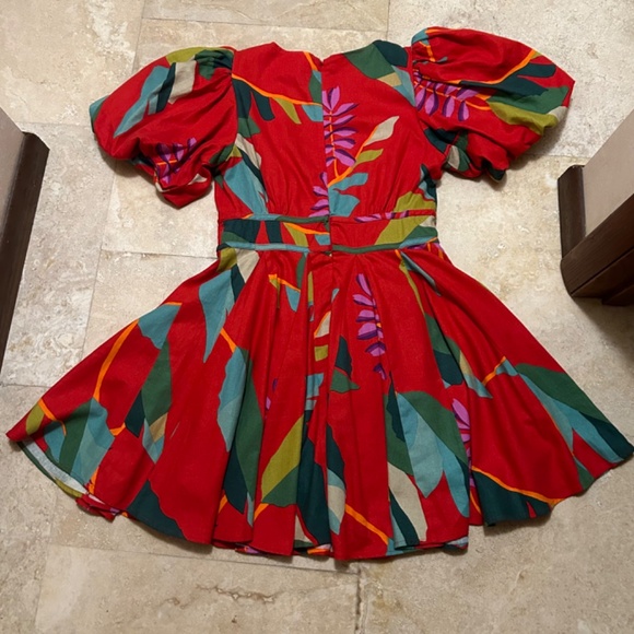 House of Harlow 1960 Linen Blend Red Floral Puff Sleeves Dress,  Size 6 - Picture 3 of 16